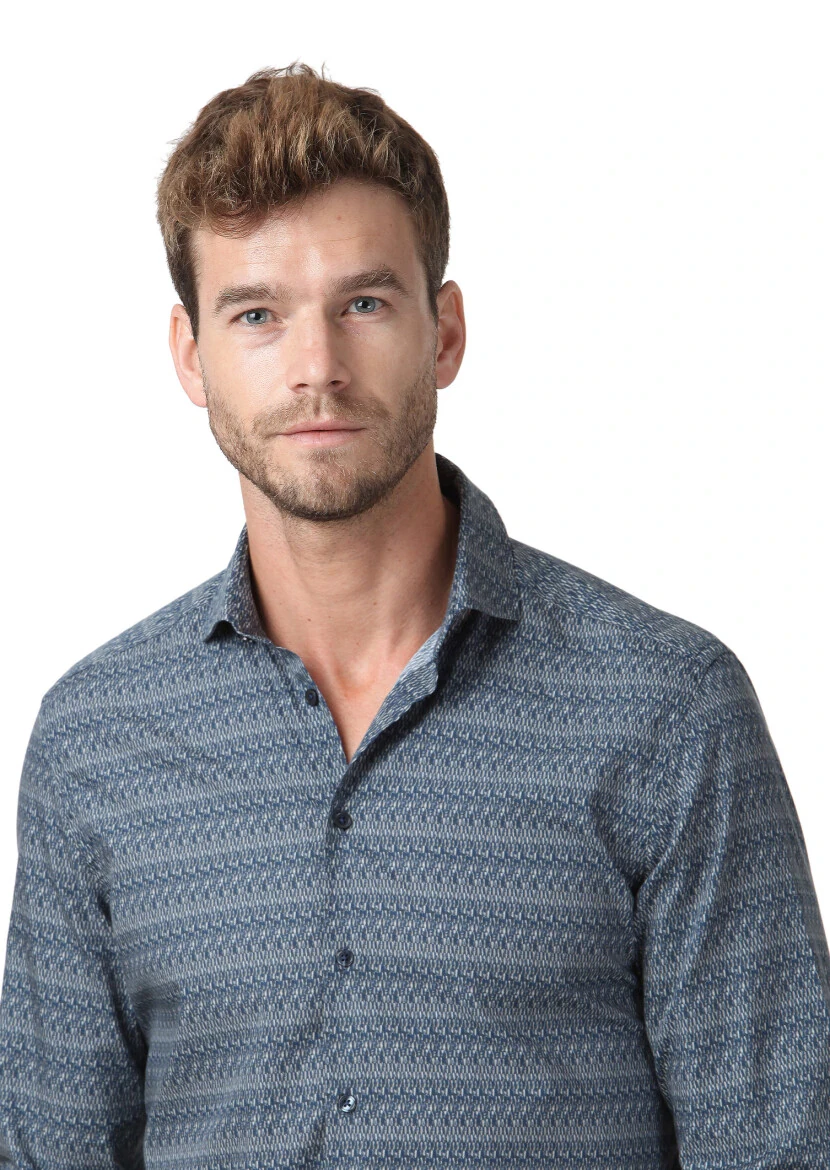 Lacivert Baskılı Fitted Fit Dokuma Casual %100 Pamuk Gömlek - 3