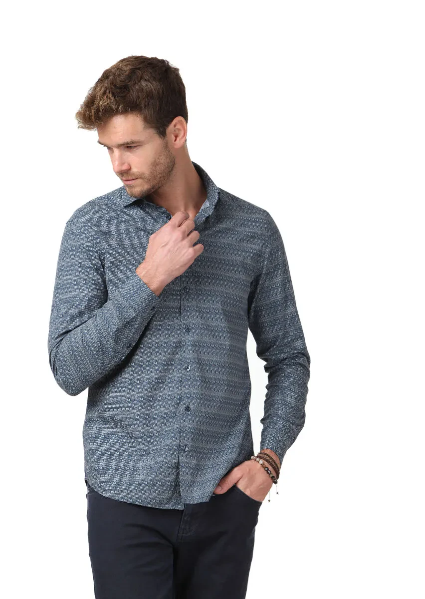 Lacivert Baskılı Fitted Fit Dokuma Casual %100 Pamuk Gömlek - 4