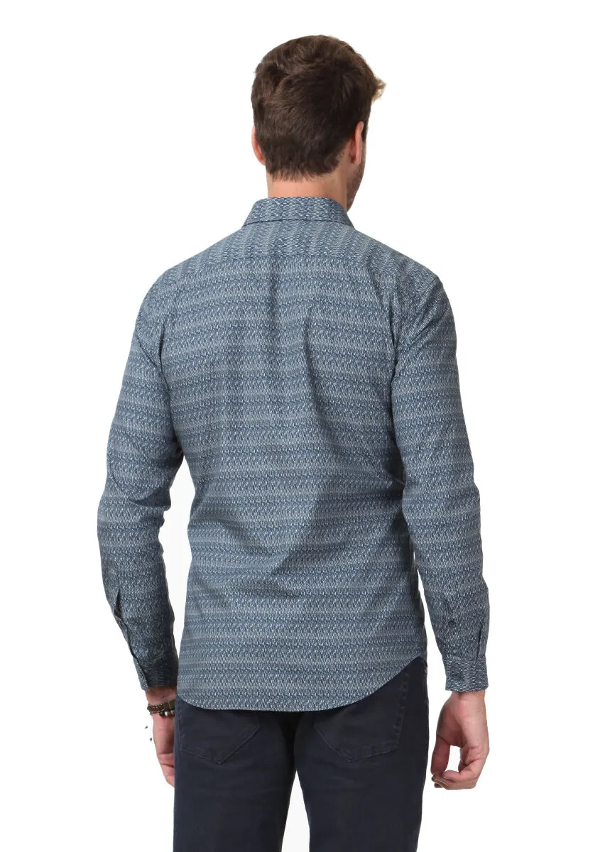 Lacivert Baskılı Fitted Fit Dokuma Casual %100 Pamuk Gömlek - 5