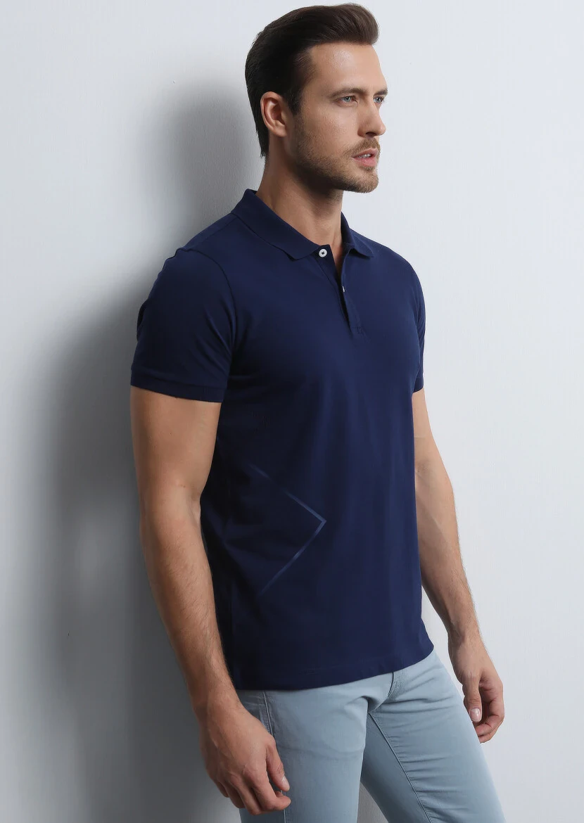 Lacivert Baskılı Polo Yaka %100 Pamuk T-Shirt - 3