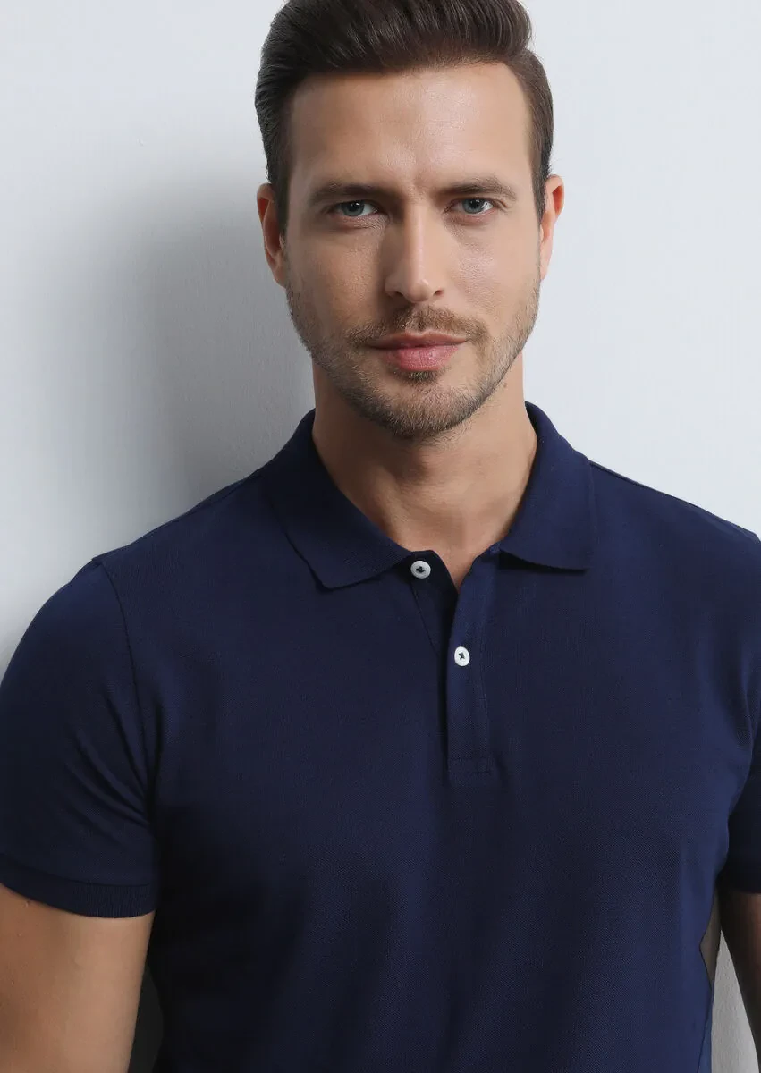 Lacivert Baskılı Polo Yaka %100 Pamuk T-Shirt - 4