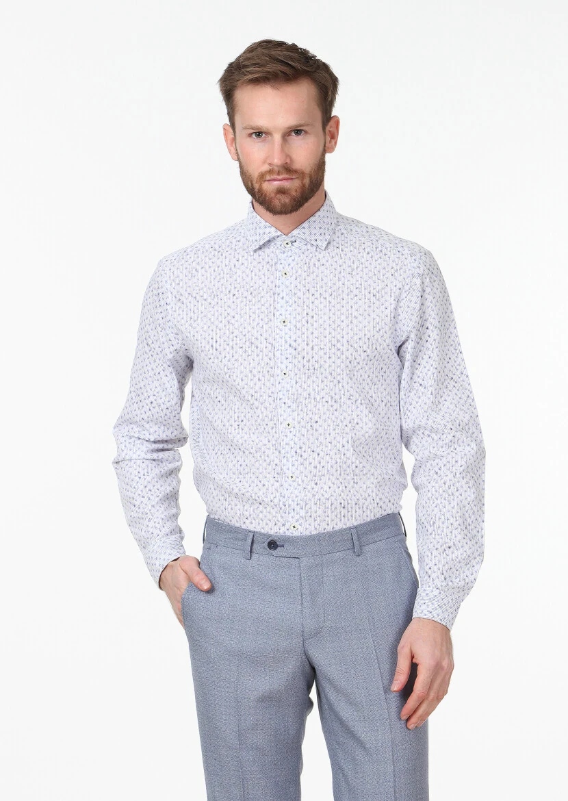 Lacivert Baskılı Regular Fit Dokuma Casual %100 Pamuk Gömlek - 1