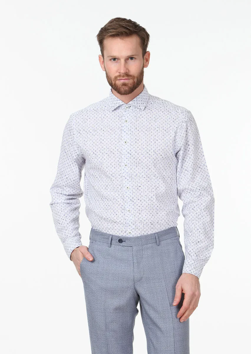 Lacivert Baskılı Regular Fit Dokuma Casual %100 Pamuk Gömlek - 1