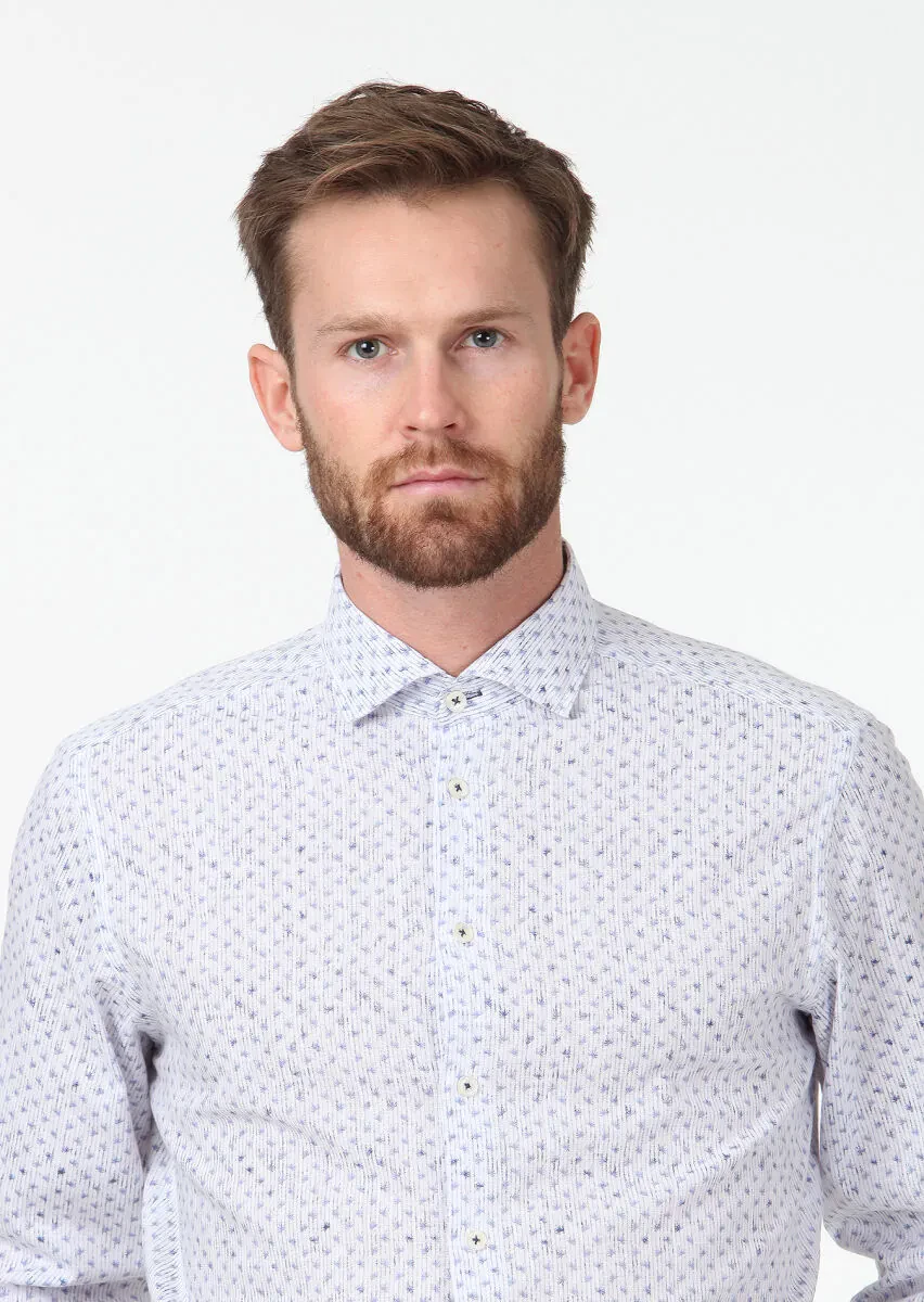 Lacivert Baskılı Regular Fit Dokuma Casual %100 Pamuk Gömlek - 3