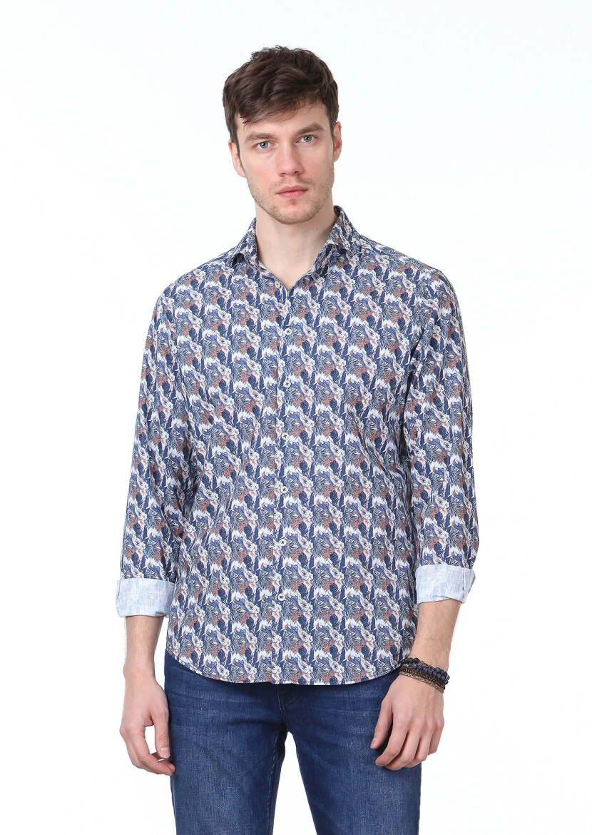 Lacivert Baskılı Regular Fit Dokuma Casual %100 Pamuk Gömlek - 1