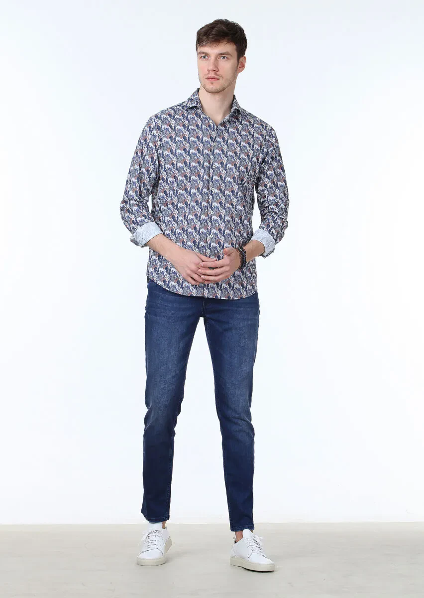 Lacivert Baskılı Regular Fit Dokuma Casual %100 Pamuk Gömlek - 2