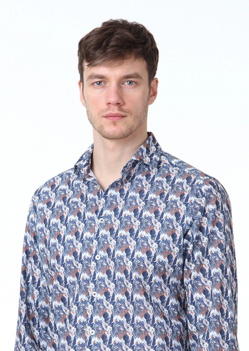 Lacivert Baskılı Regular Fit Dokuma Casual %100 Pamuk Gömlek - 3