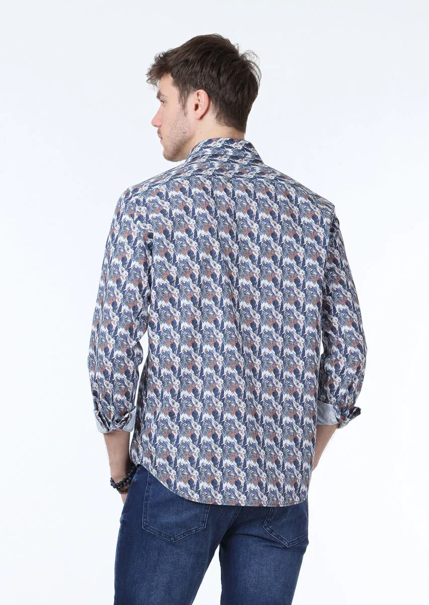 Lacivert Baskılı Regular Fit Dokuma Casual %100 Pamuk Gömlek - 4