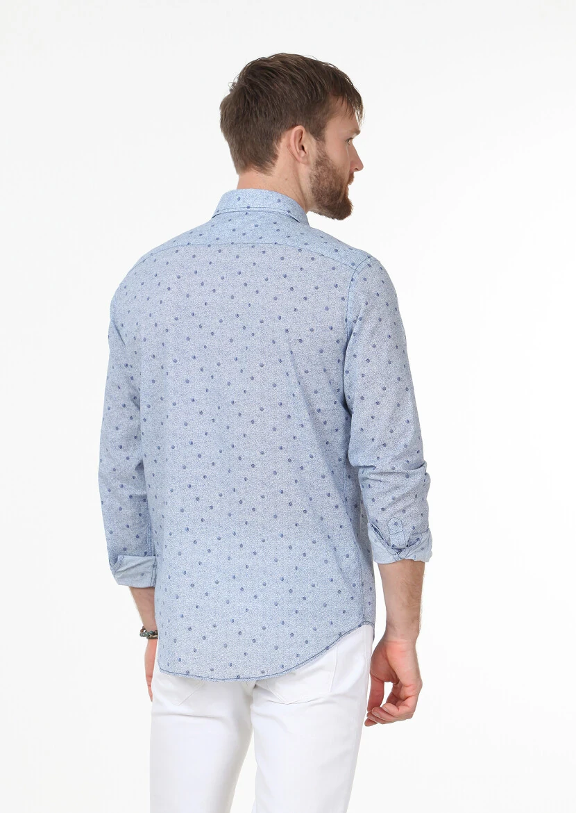 Lacivert Baskılı Regular Fit Dokuma Casual %100 Pamuk Gömlek - 4
