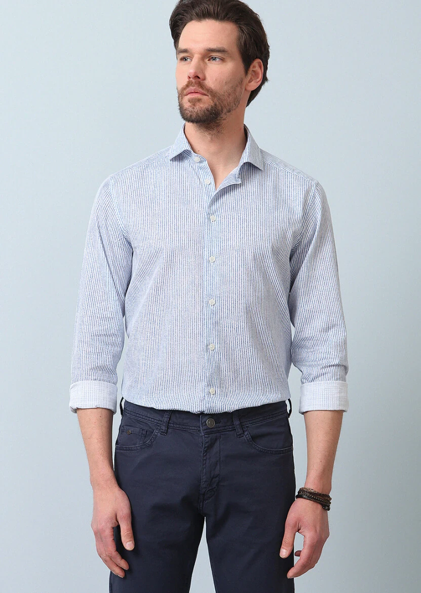 Lacivert Baskılı Regular Fit Dokuma Casual %100 Pamuk Gömlek 