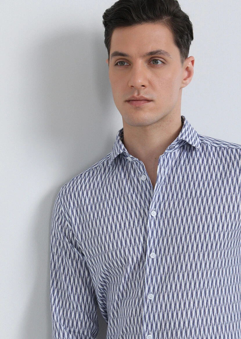 Lacivert Baskılı Regular Fit Dokuma Casual Pamuk Karışımlı Gömlek - 1