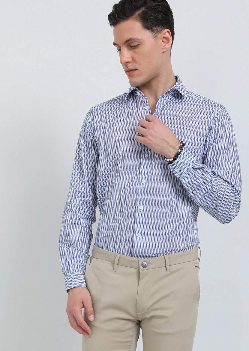 Lacivert Baskılı Regular Fit Dokuma Casual Pamuk Karışımlı Gömlek - 2