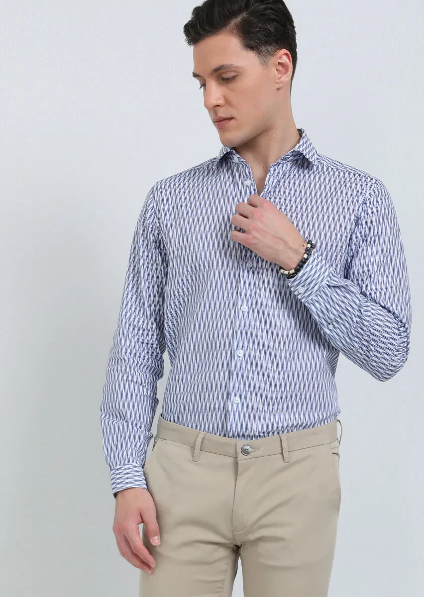 Lacivert Baskılı Regular Fit Dokuma Casual Pamuk Karışımlı Gömlek - 2