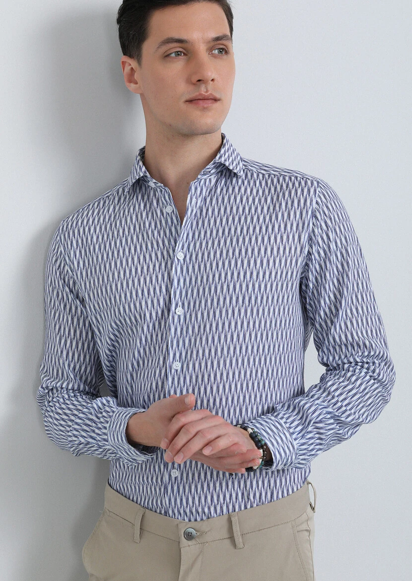 Lacivert Baskılı Regular Fit Dokuma Casual Pamuk Karışımlı Gömlek - 3