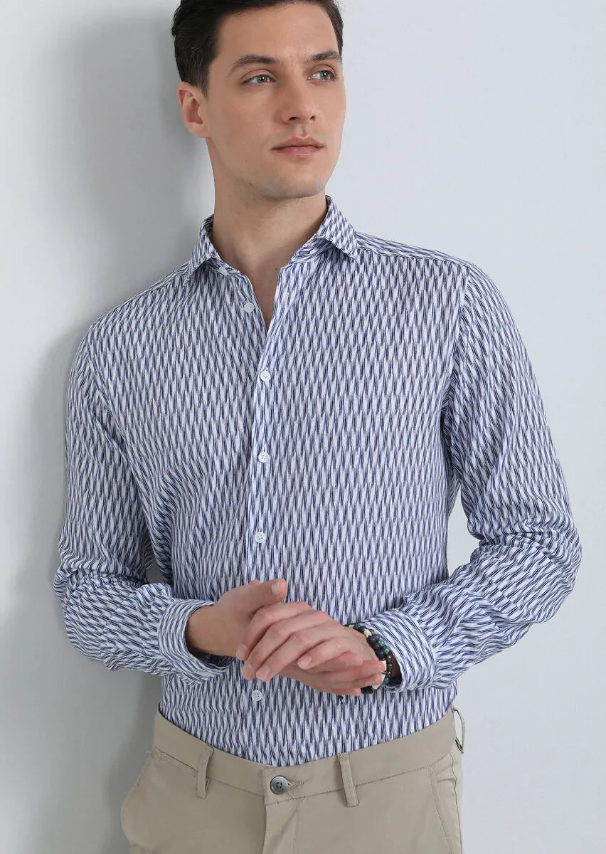 Lacivert Baskılı Regular Fit Dokuma Casual Pamuk Karışımlı Gömlek - 3