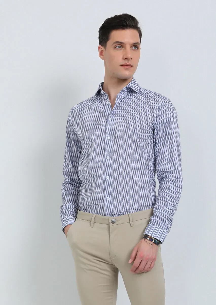 Lacivert Baskılı Regular Fit Dokuma Casual Pamuk Karışımlı Gömlek - 4