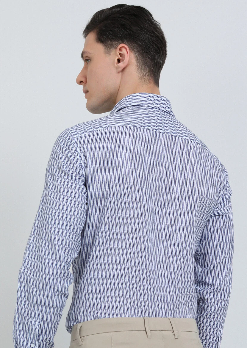 Lacivert Baskılı Regular Fit Dokuma Casual Pamuk Karışımlı Gömlek - 5