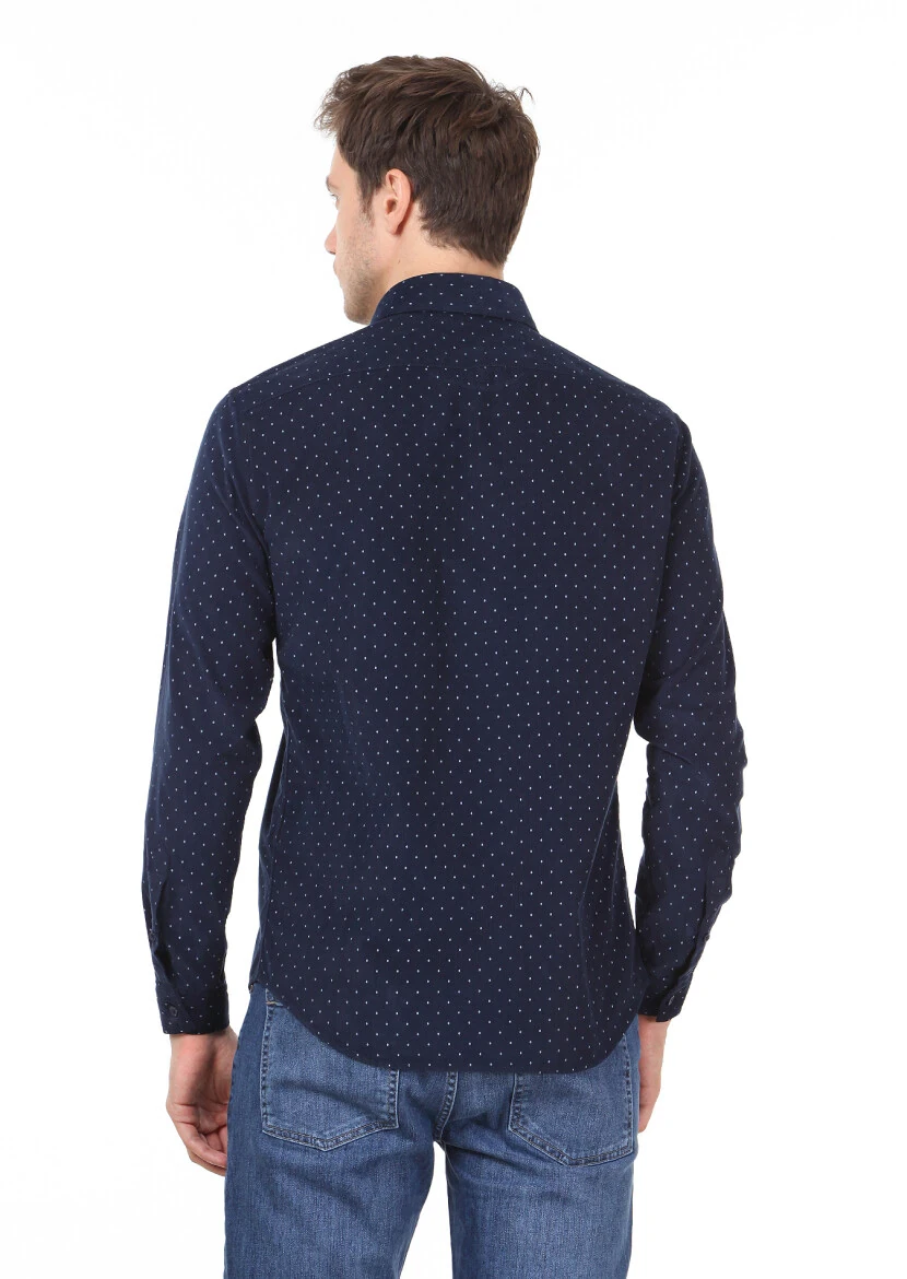 Lacivert Baskılı Regular Fit Dokuma Kadife Casual %100 Pamuk Gömlek - 5