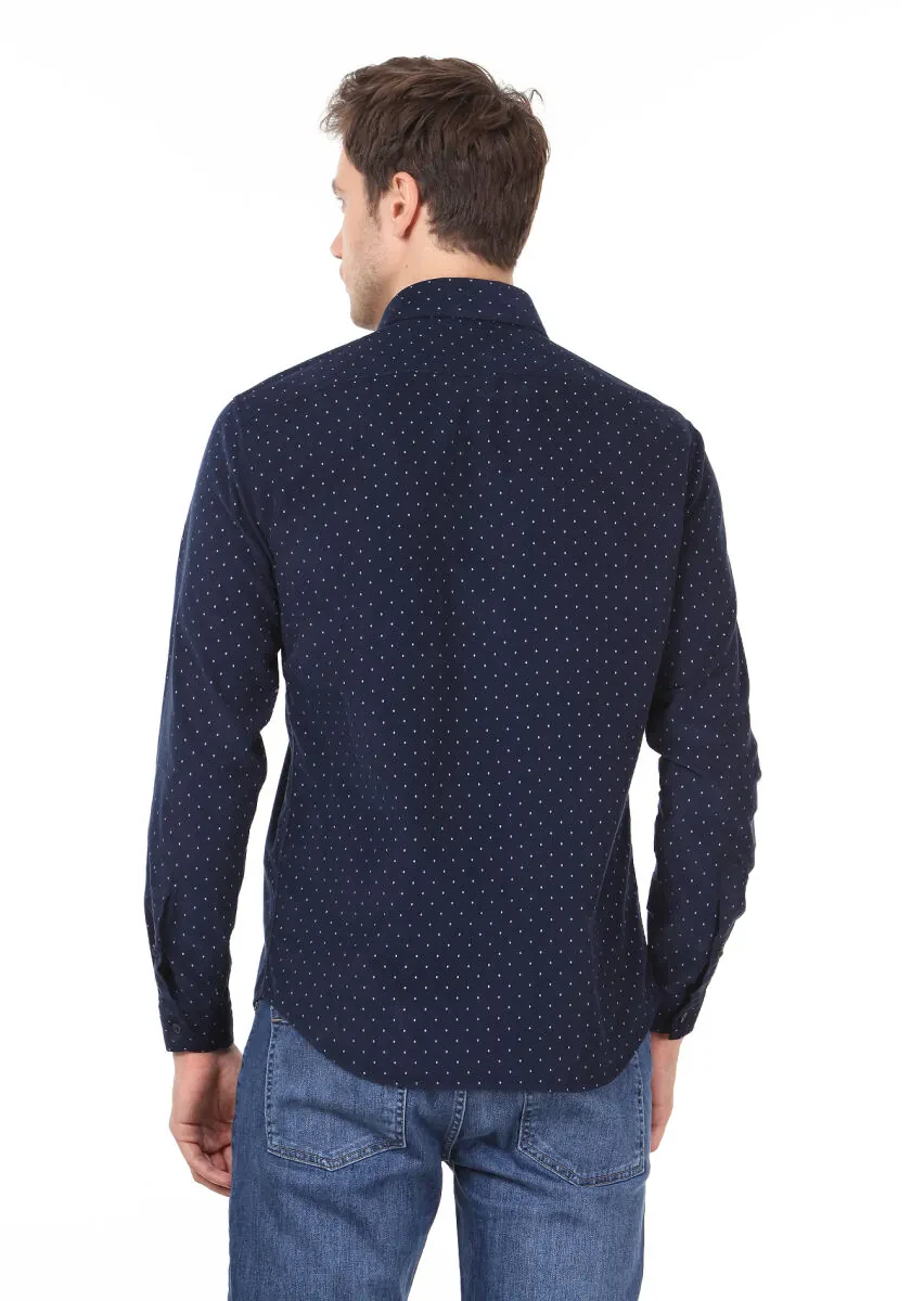 Lacivert Baskılı Regular Fit Dokuma Kadife Casual %100 Pamuk Gömlek - 5