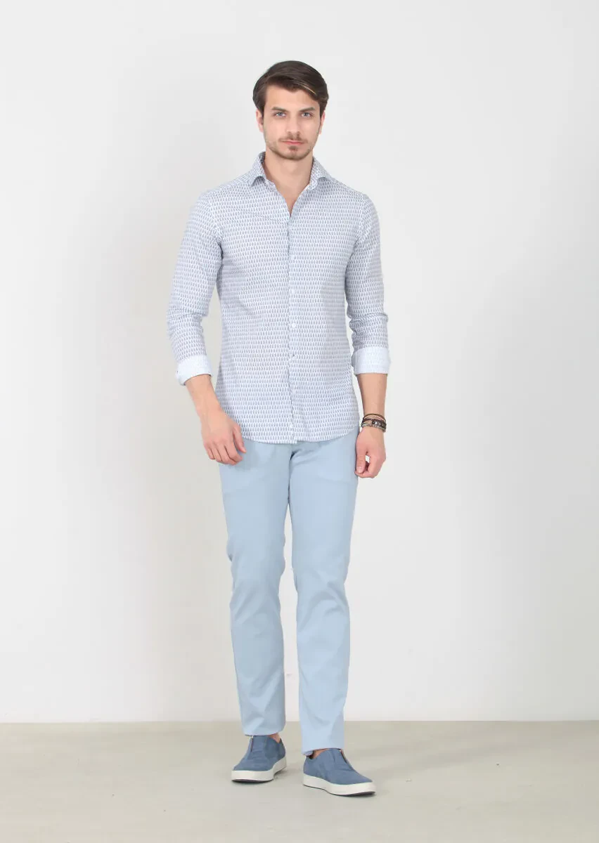 Lacivert Baskılı Slim Fit Dokuma Casual %100 Pamuk Gömlek - 1