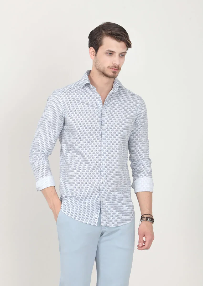 Lacivert Baskılı Slim Fit Dokuma Casual %100 Pamuk Gömlek - 3