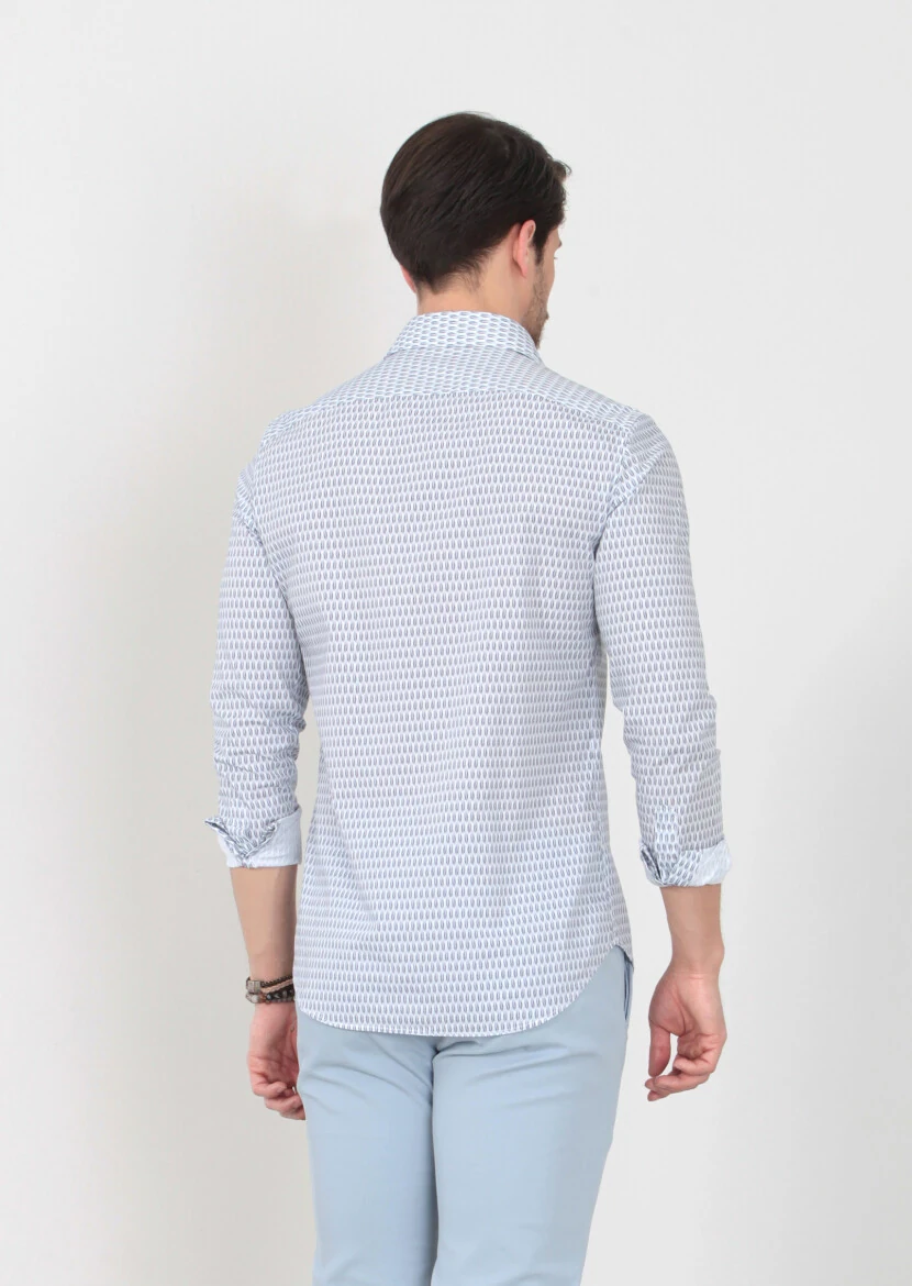 Lacivert Baskılı Slim Fit Dokuma Casual %100 Pamuk Gömlek - 5