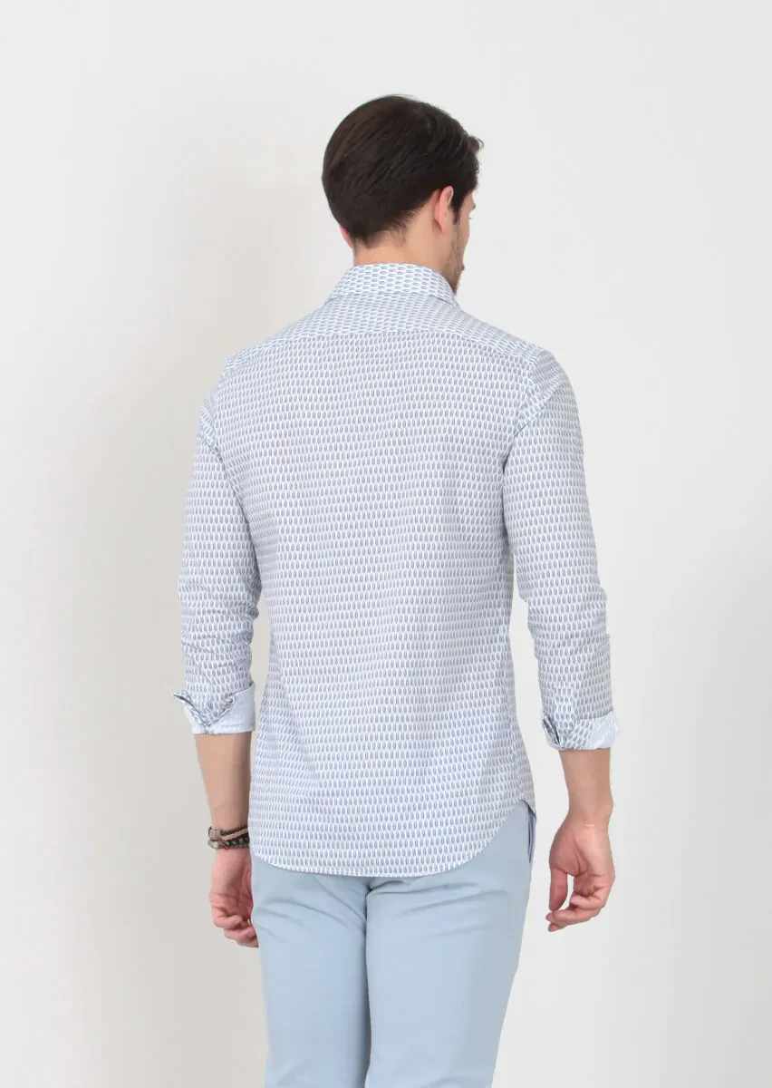 Lacivert Baskılı Slim Fit Dokuma Casual %100 Pamuk Gömlek - 5