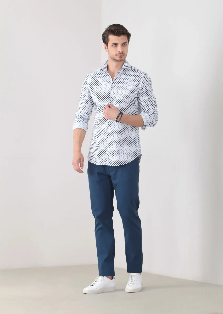 Lacivert Baskılı Slim Fit Dokuma Casual %100 Pamuk Gömlek - 2