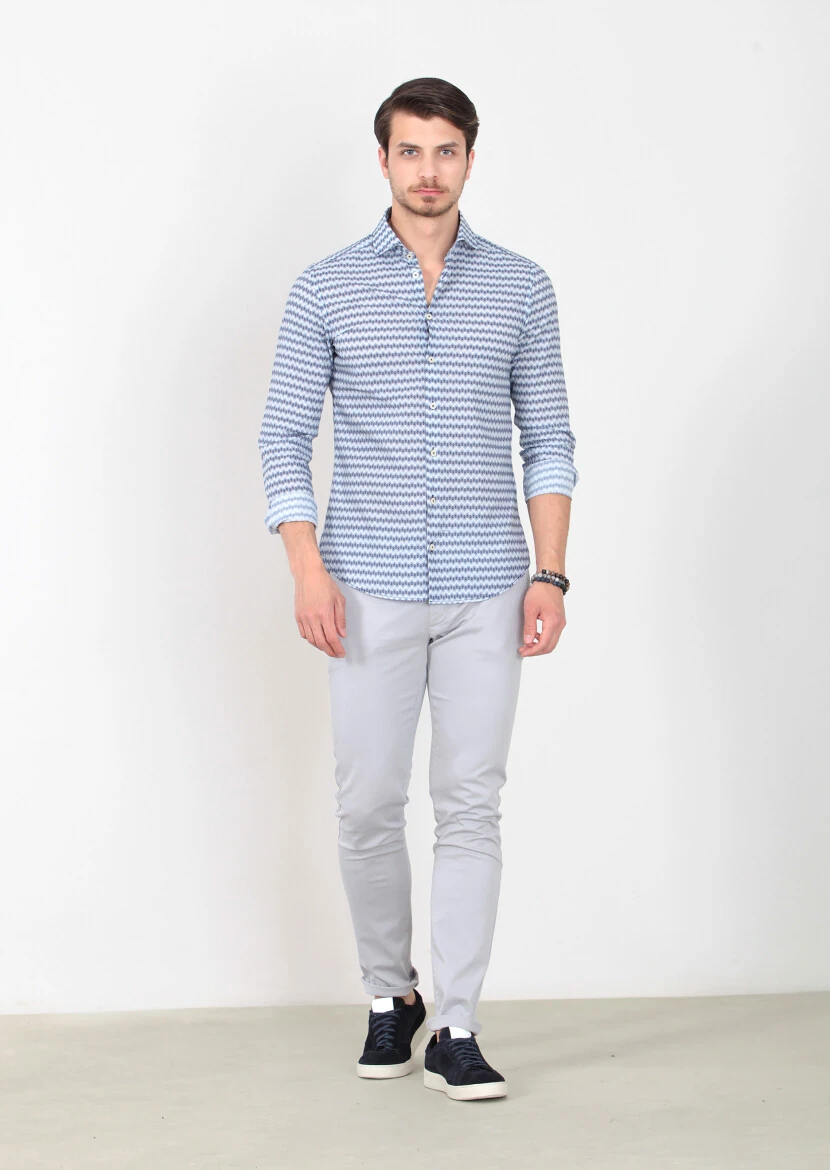 Lacivert Baskılı Slim Fit Dokuma Casual %100 Pamuk Gömlek - 1