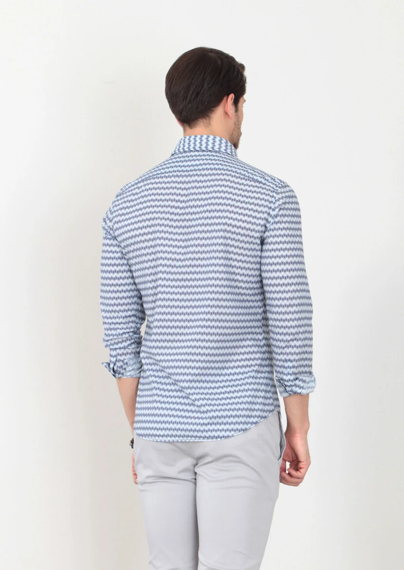 Lacivert Baskılı Slim Fit Dokuma Casual %100 Pamuk Gömlek - 4