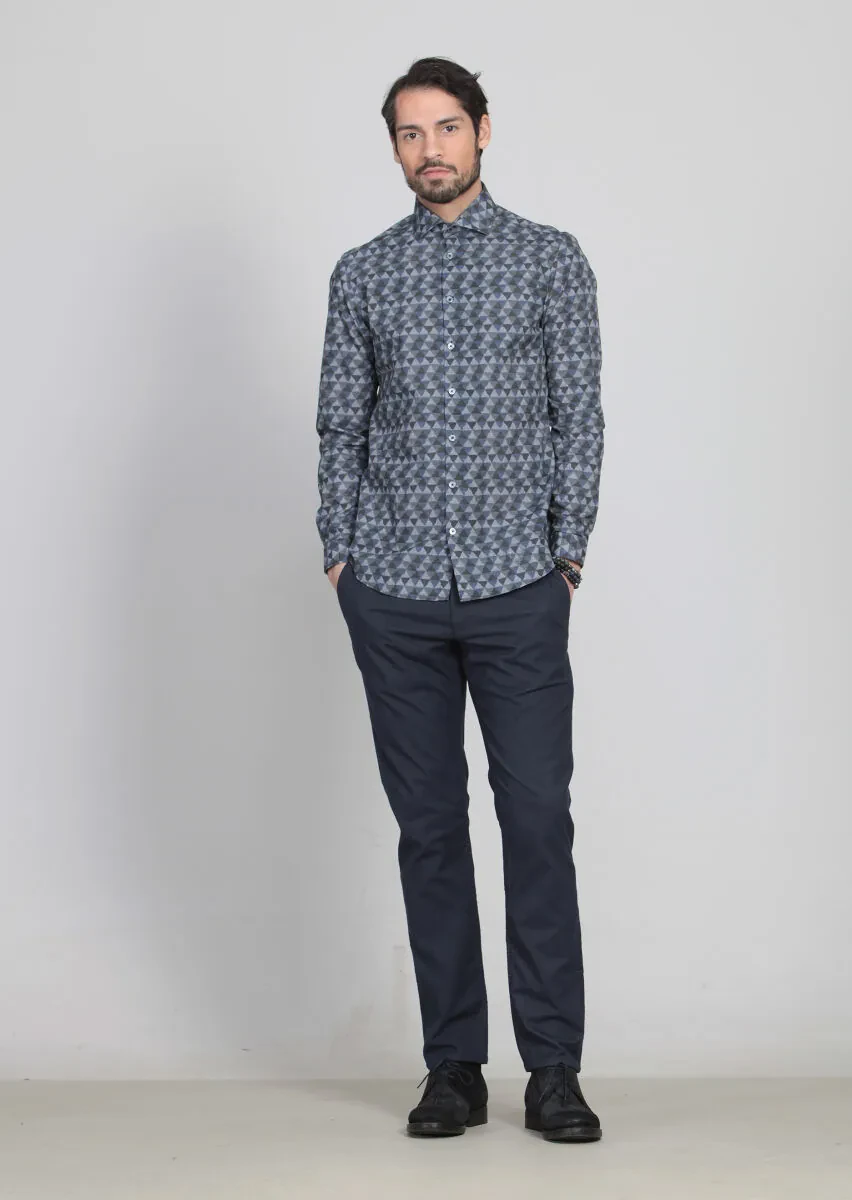 Lacivert Baskılı Slim Fit Dokuma Casual %100 Pamuk Gömlek - 1