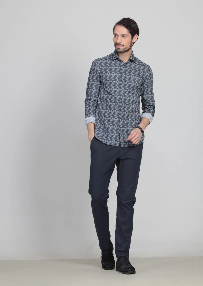 Lacivert Baskılı Slim Fit Dokuma Casual %100 Pamuk Gömlek - 4