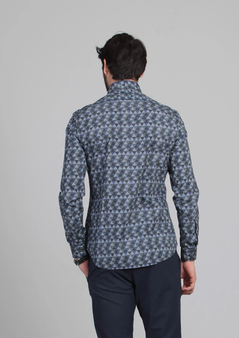 Lacivert Baskılı Slim Fit Dokuma Casual %100 Pamuk Gömlek - 6