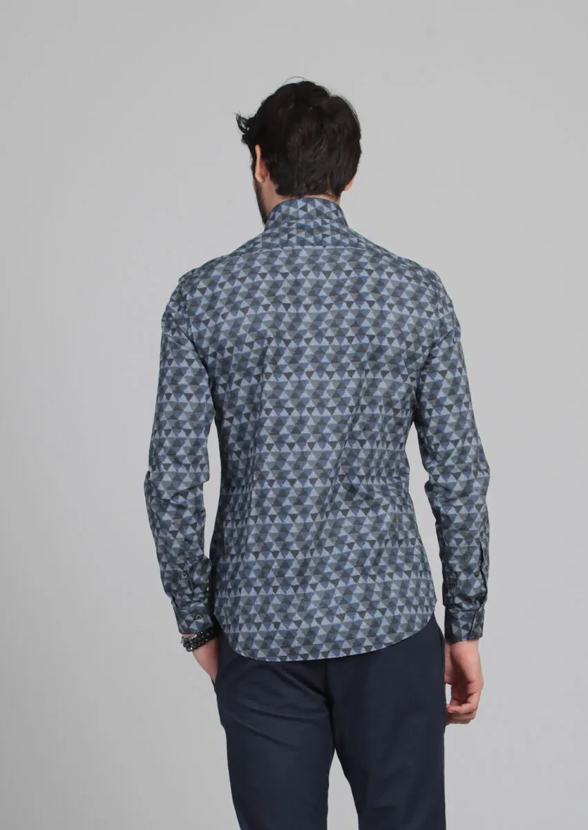 Lacivert Baskılı Slim Fit Dokuma Casual %100 Pamuk Gömlek - 6