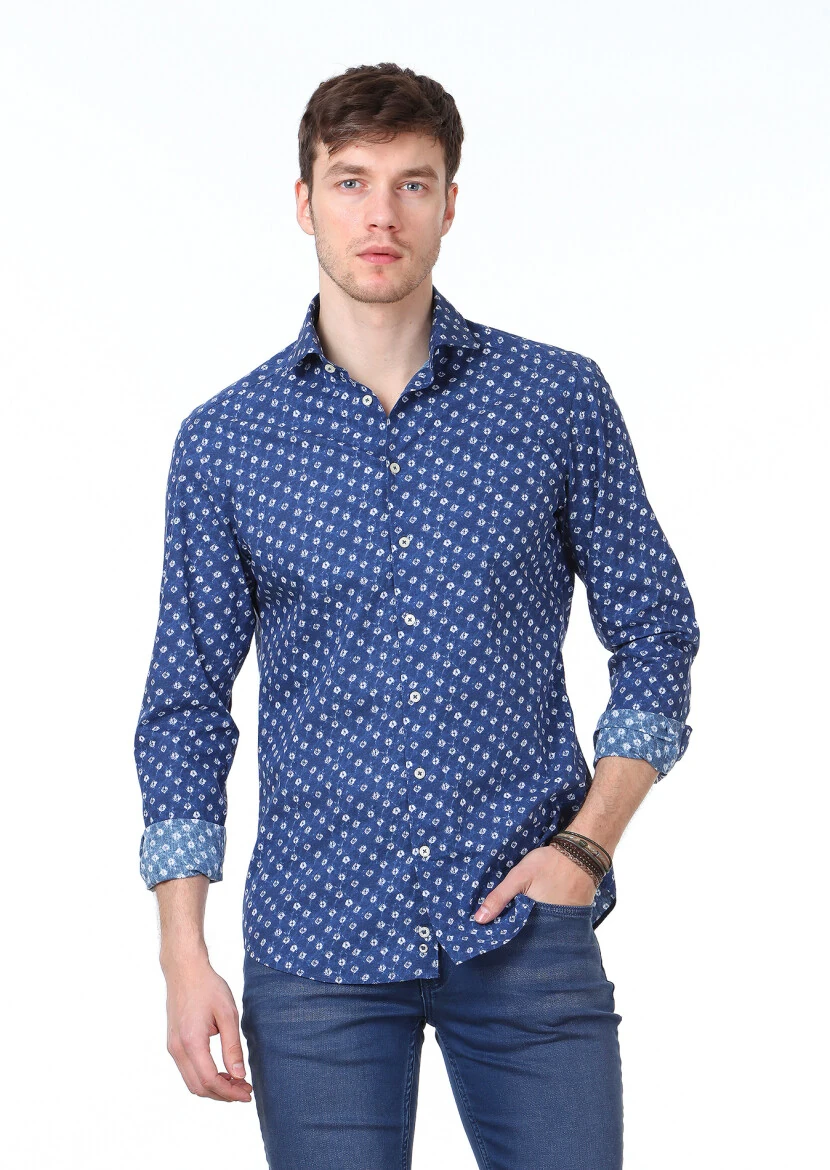 Lacivert Baskılı Slim Fit Dokuma Casual %100 Pamuk Gömlek - 1