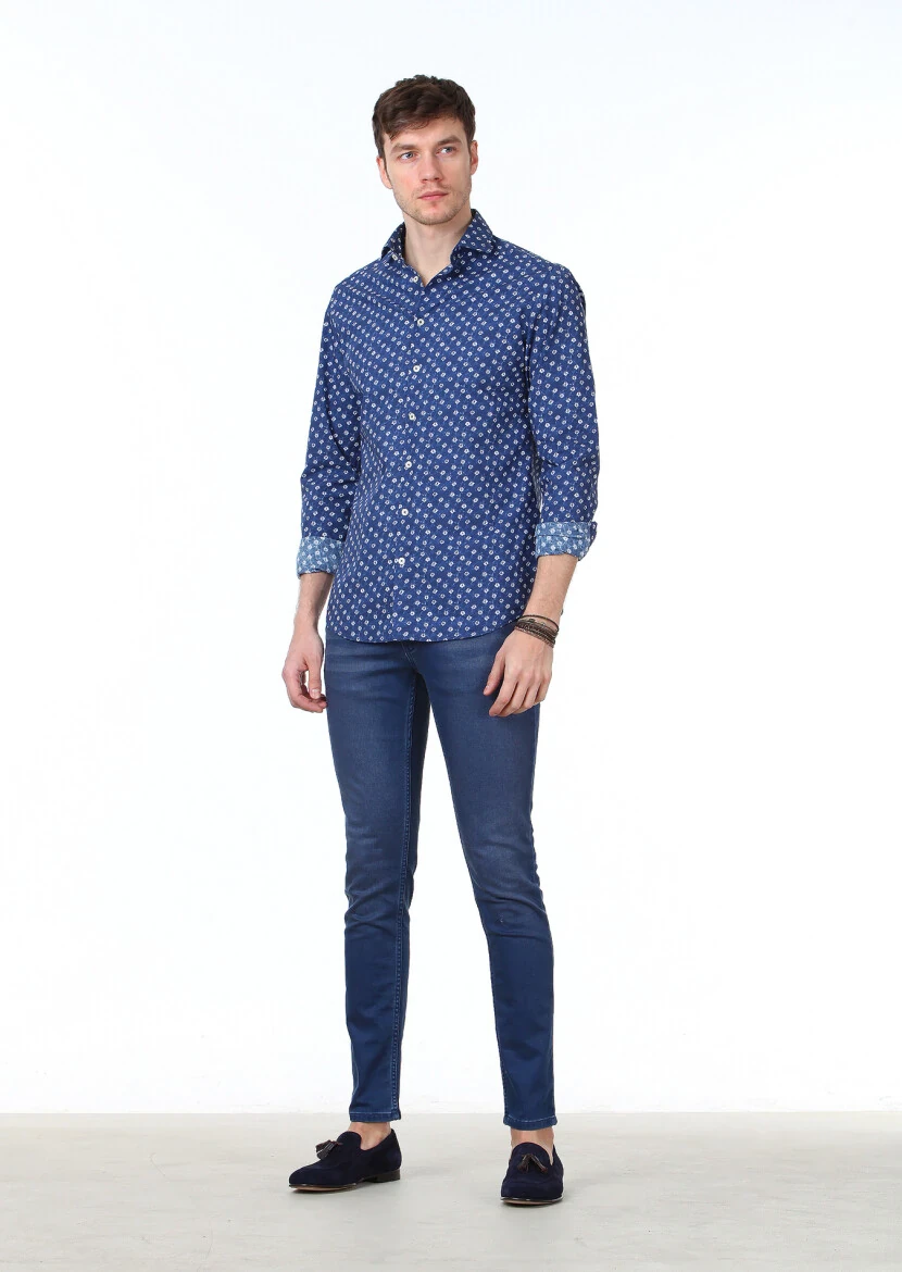 Lacivert Baskılı Slim Fit Dokuma Casual %100 Pamuk Gömlek - 2