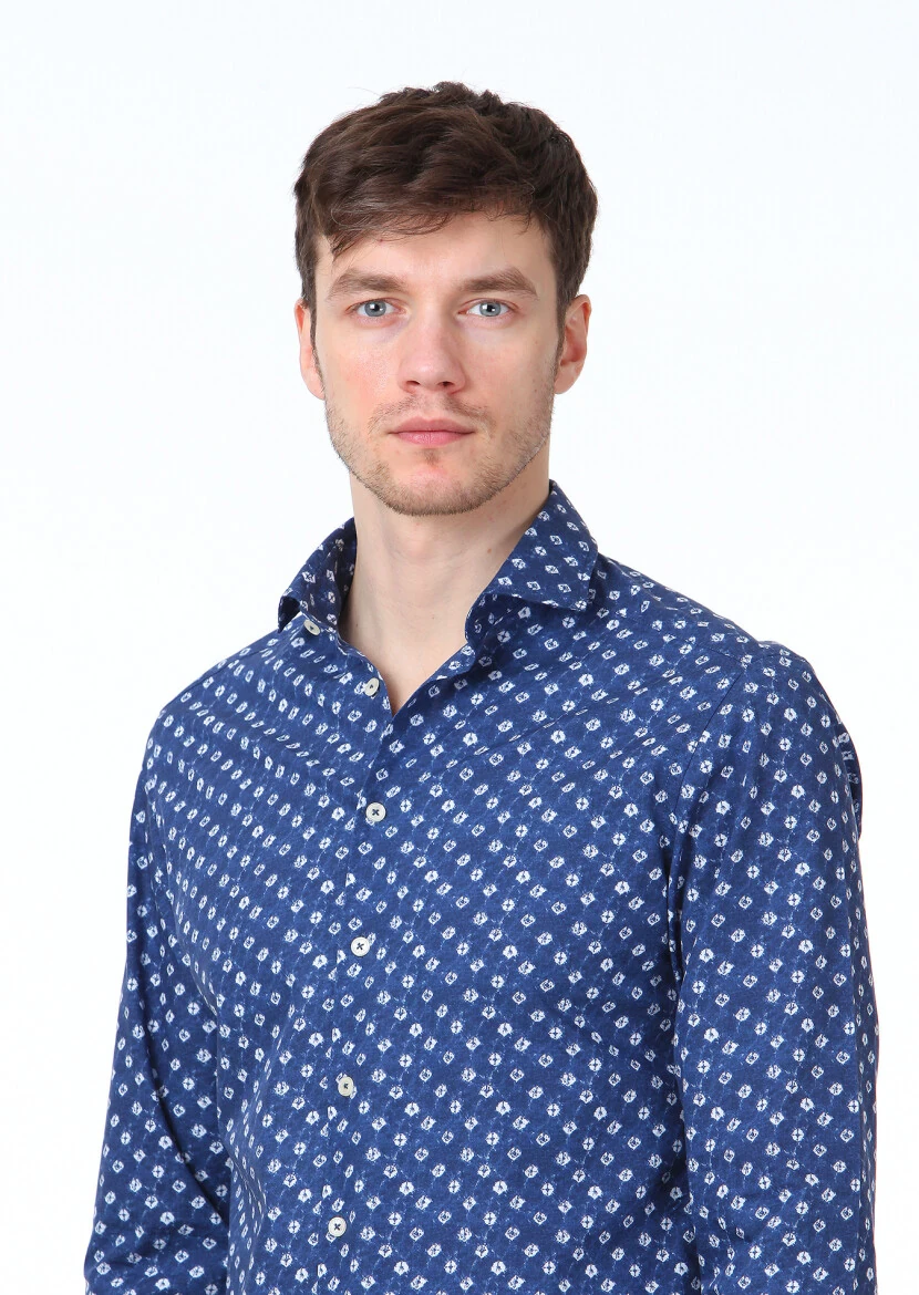 Lacivert Baskılı Slim Fit Dokuma Casual %100 Pamuk Gömlek - 3