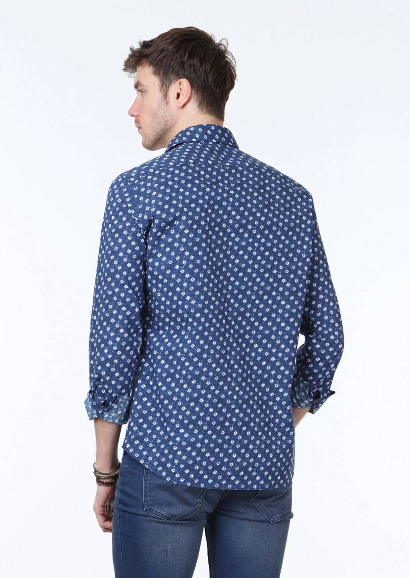 Lacivert Baskılı Slim Fit Dokuma Casual %100 Pamuk Gömlek - 4