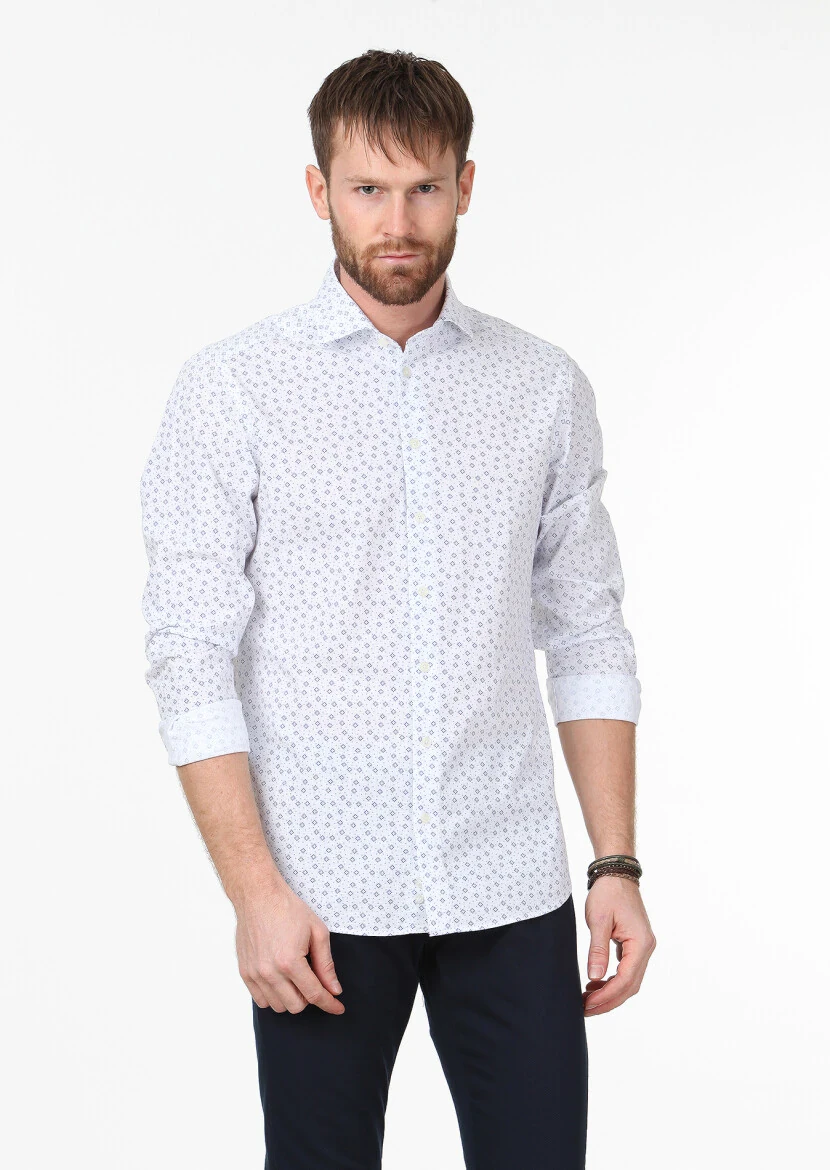 Lacivert Baskılı Slim Fit Dokuma Casual %100 Pamuk Gömlek - 1