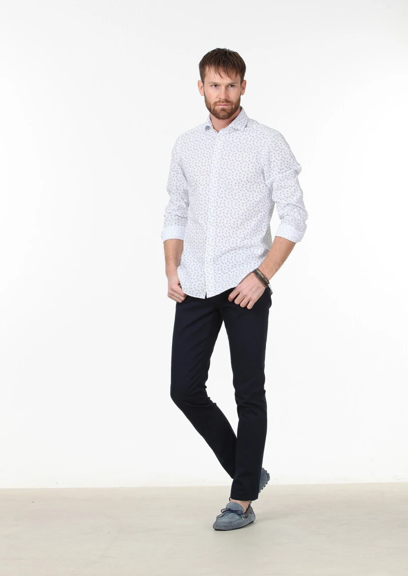 Lacivert Baskılı Slim Fit Dokuma Casual %100 Pamuk Gömlek - 2