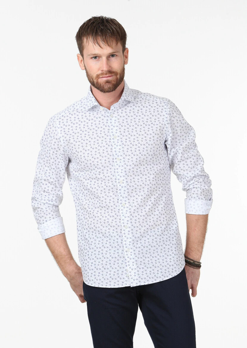 Lacivert Baskılı Slim Fit Dokuma Casual %100 Pamuk Gömlek - 3