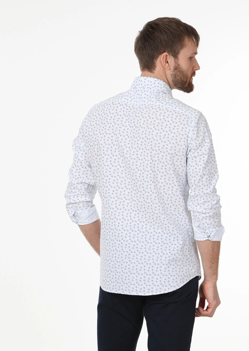 Lacivert Baskılı Slim Fit Dokuma Casual %100 Pamuk Gömlek - 4