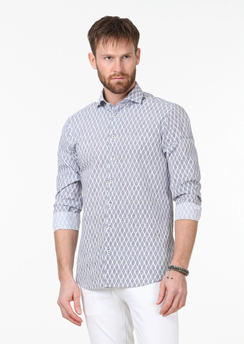 Lacivert Baskılı Slim Fit Dokuma Casual %100 Pamuk Gömlek - 1