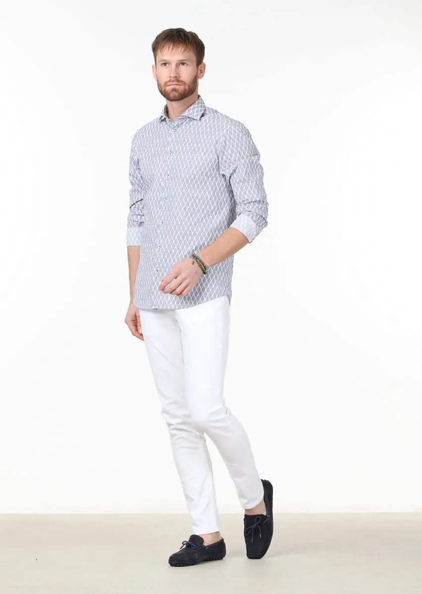 Lacivert Baskılı Slim Fit Dokuma Casual %100 Pamuk Gömlek - 2