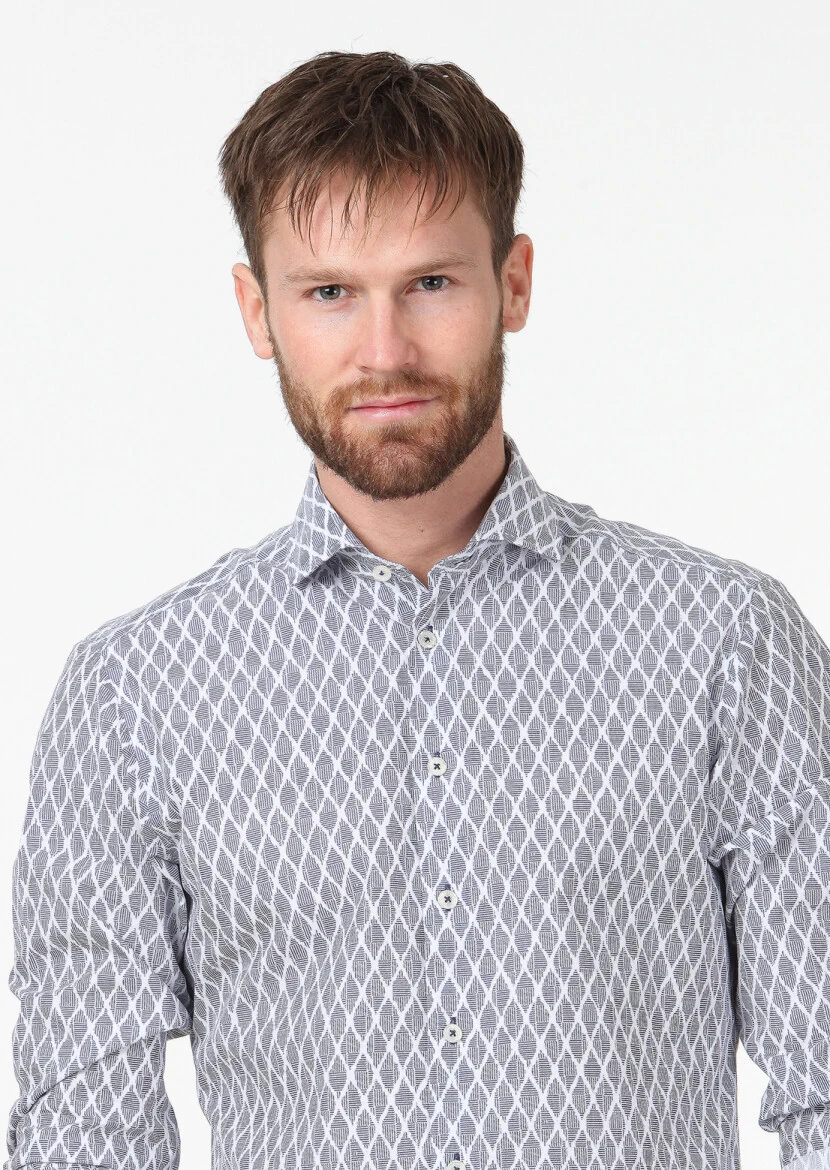 Lacivert Baskılı Slim Fit Dokuma Casual %100 Pamuk Gömlek - 3