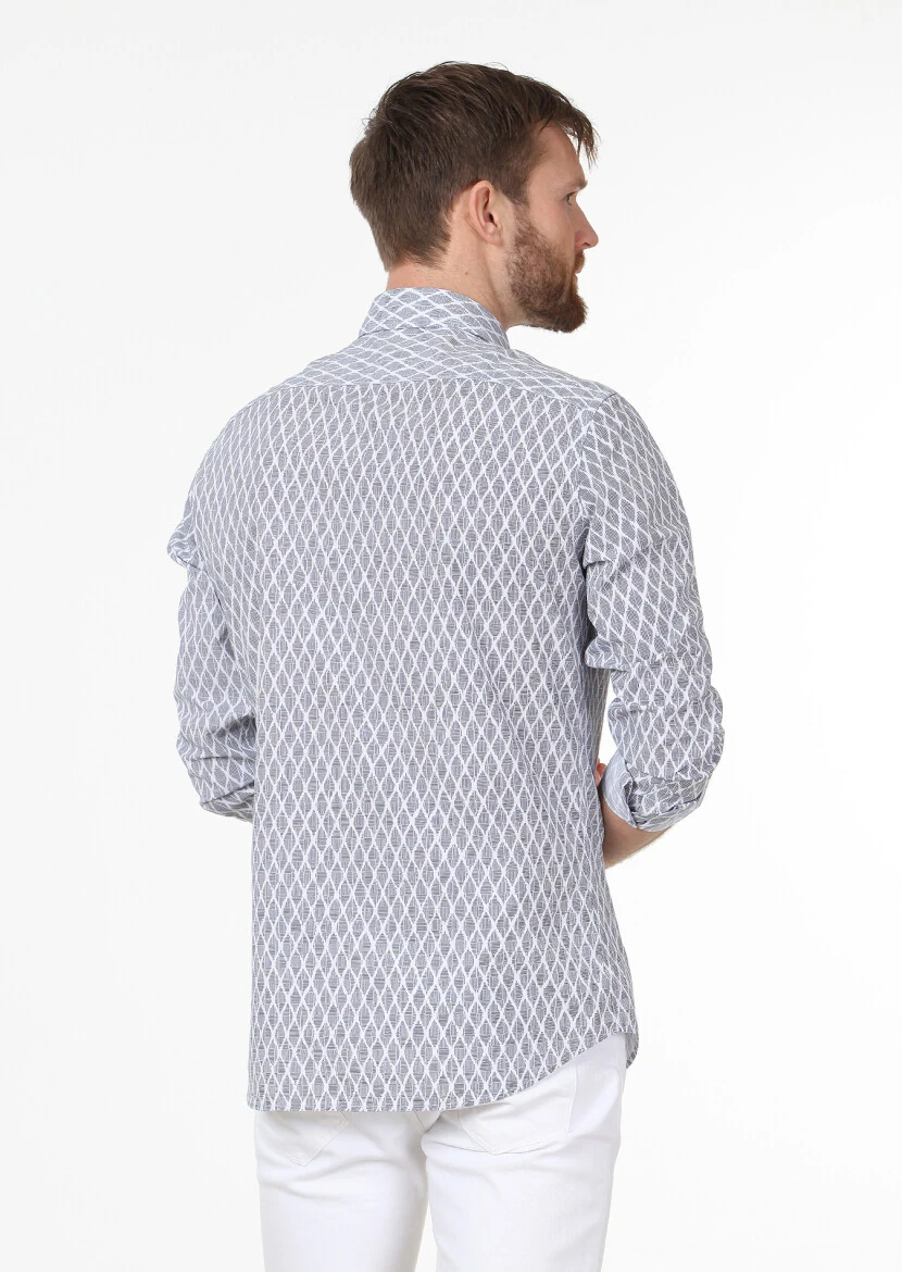 Lacivert Baskılı Slim Fit Dokuma Casual %100 Pamuk Gömlek - 4