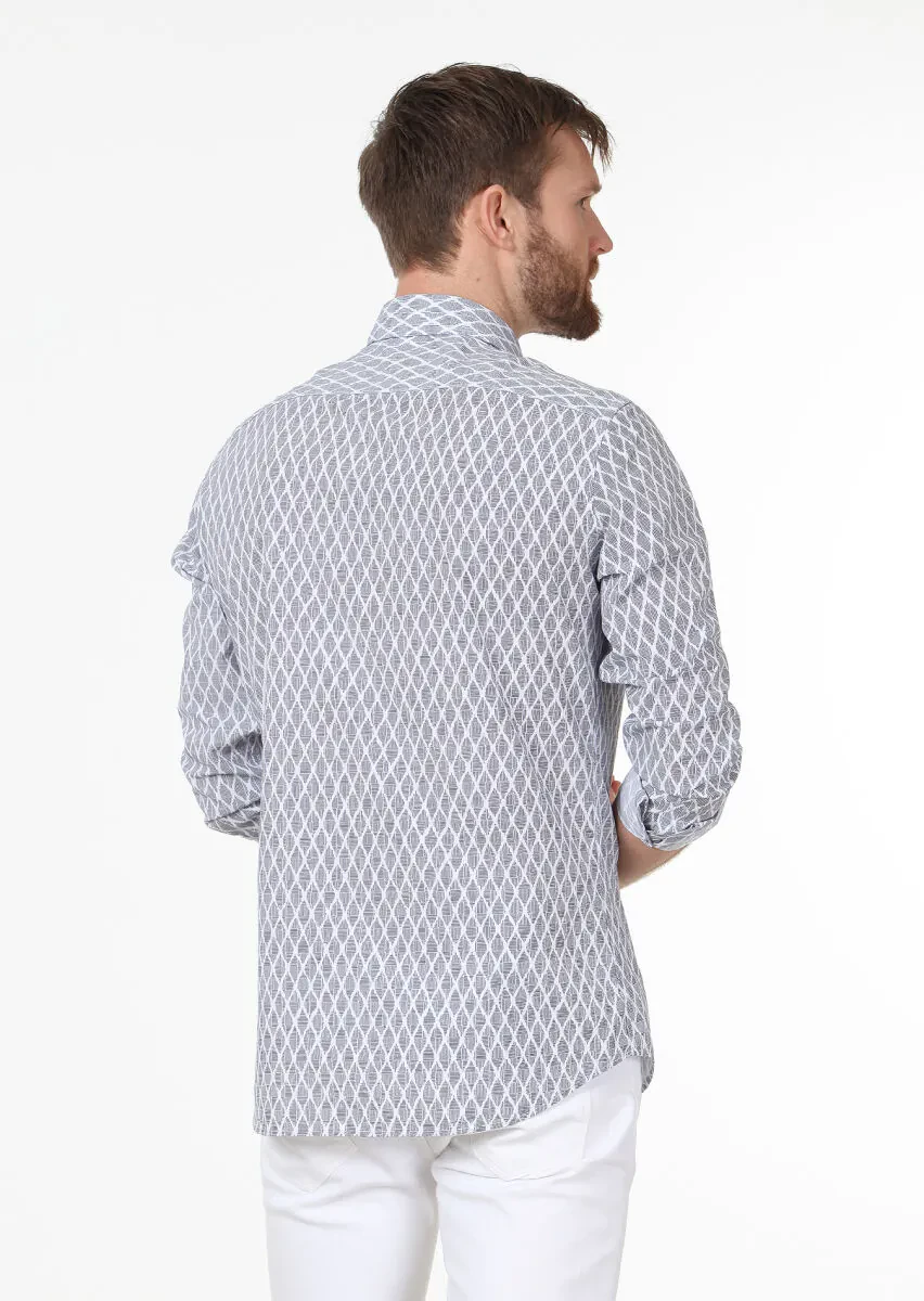 Lacivert Baskılı Slim Fit Dokuma Casual %100 Pamuk Gömlek - 4