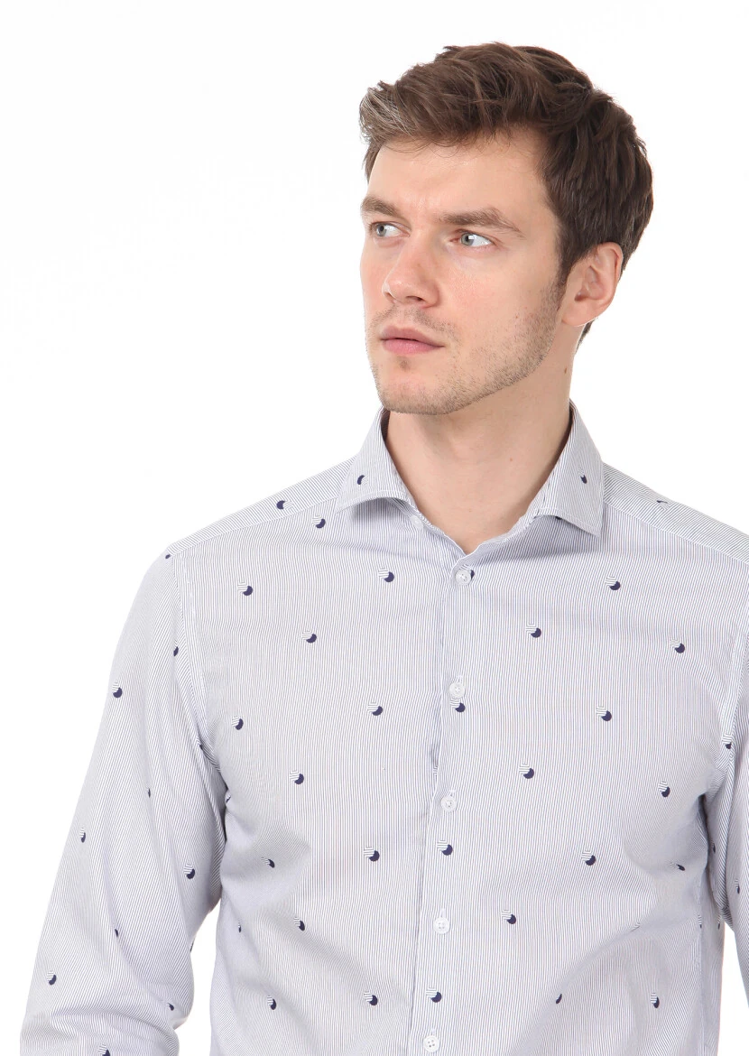Lacivert Baskılı Slim Fit Dokuma Casual %100 Pamuk Gömlek - 2