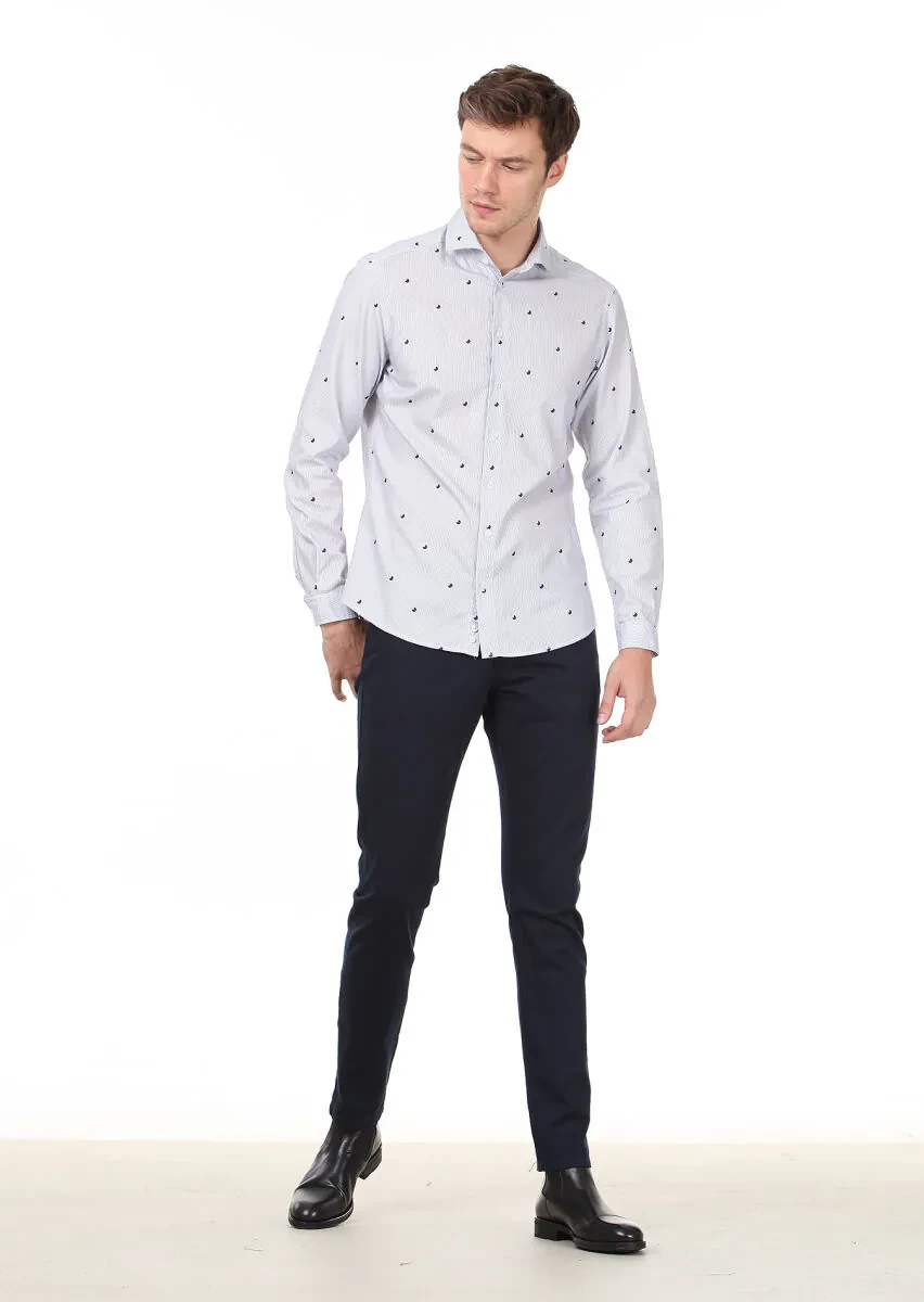 Lacivert Baskılı Slim Fit Dokuma Casual %100 Pamuk Gömlek - 3