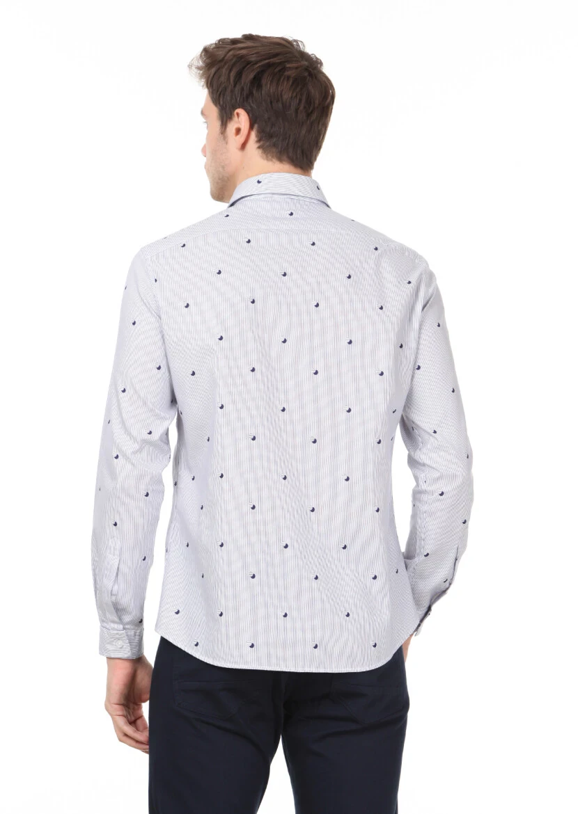 Lacivert Baskılı Slim Fit Dokuma Casual %100 Pamuk Gömlek - 4